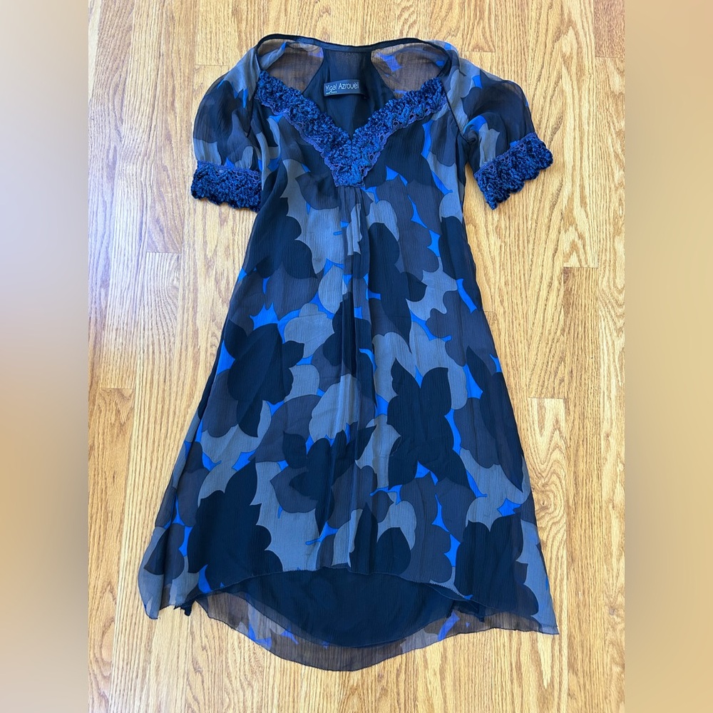 Yigal Azrouel Navy and Blue Floral Silk A-Line Dress